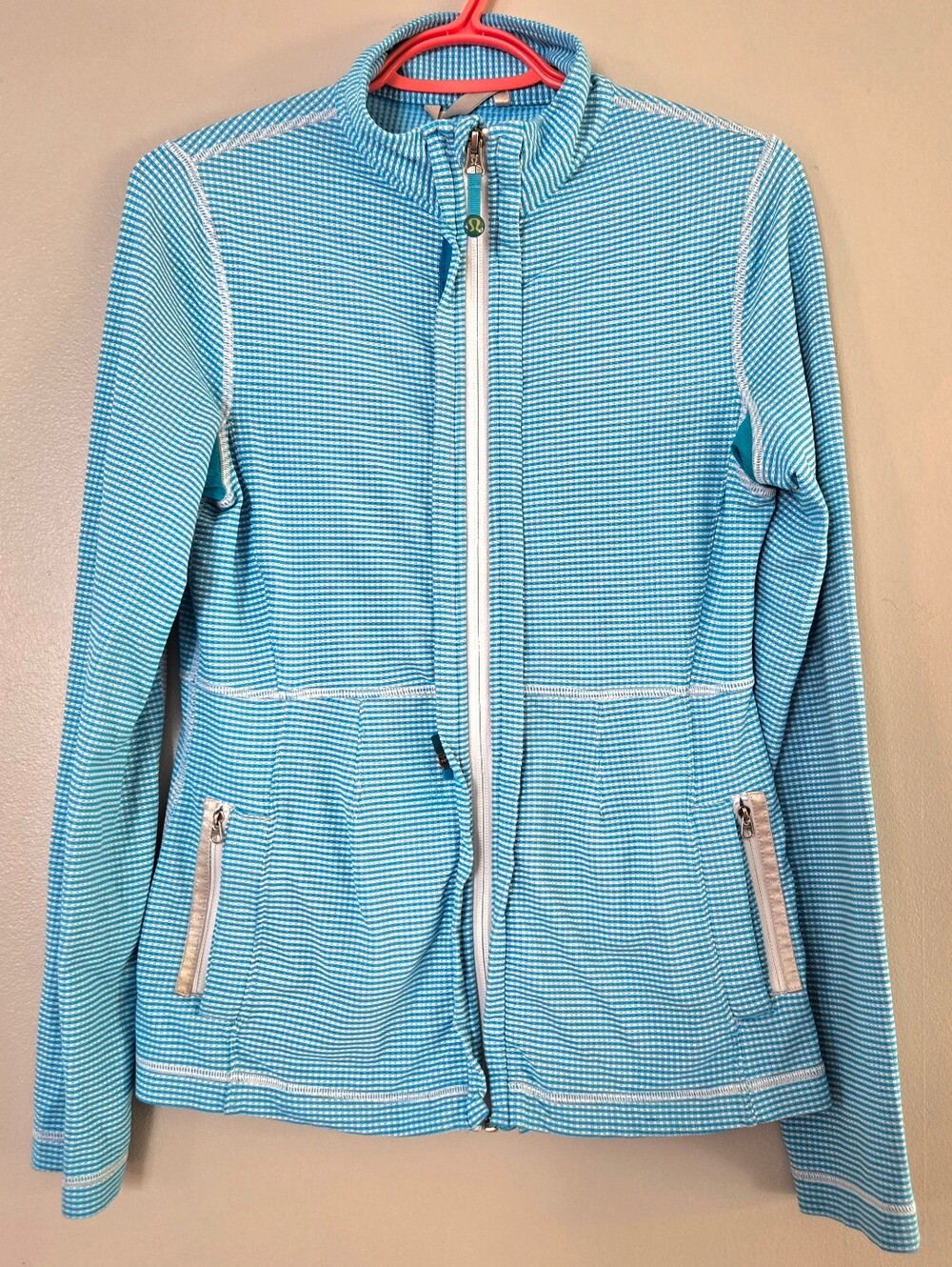 RARE Vintage Lululemon In Stride Jacket Gingham Plaid Blue White Full Zip Size 8